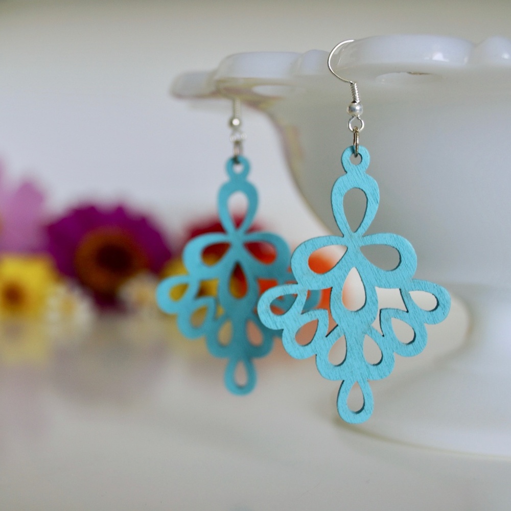 NWT Popular Laser Cut Wooden Earrings in Aqua